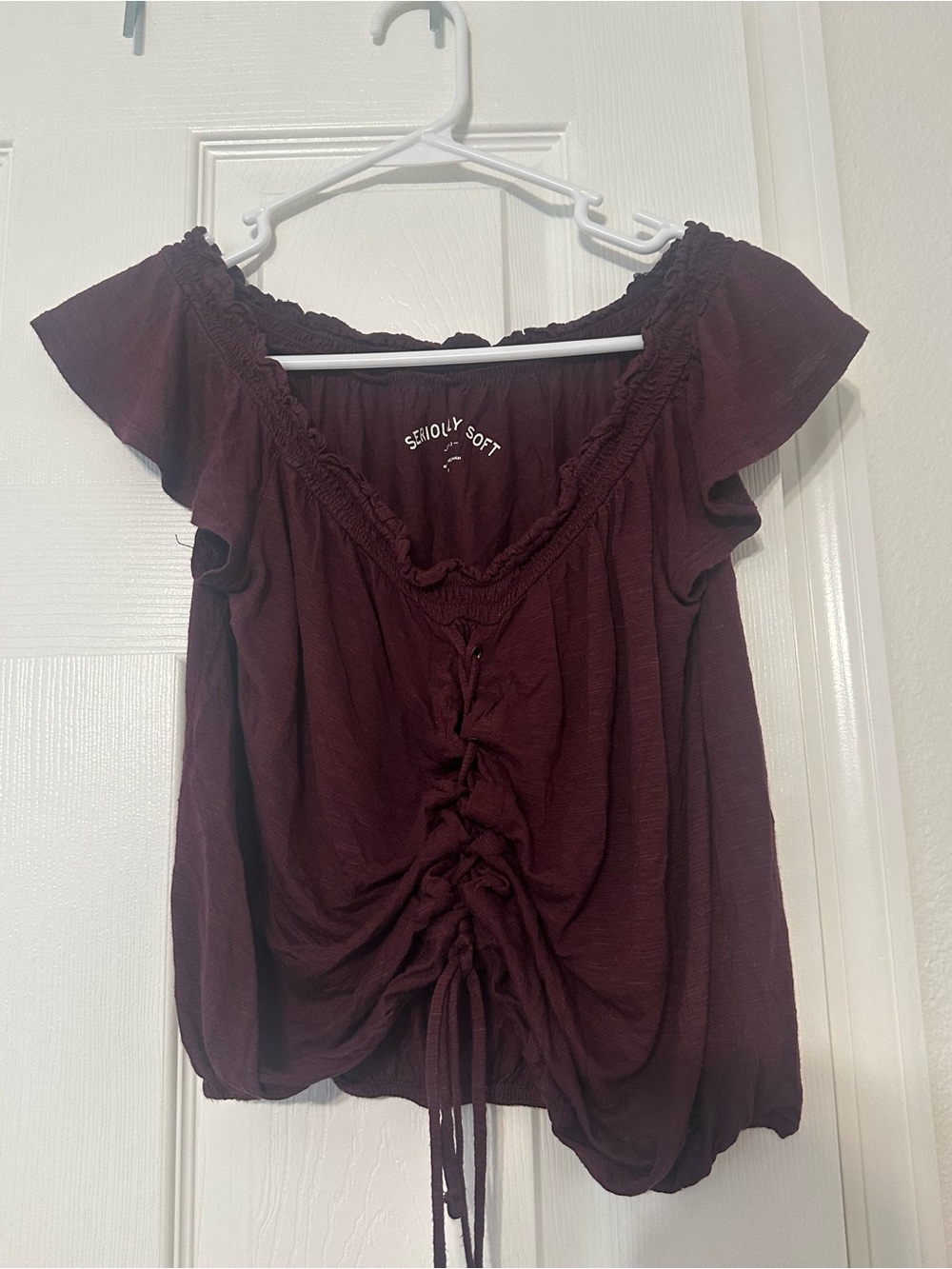 AERO Burgundy Ruched Off-Shoulder Crop